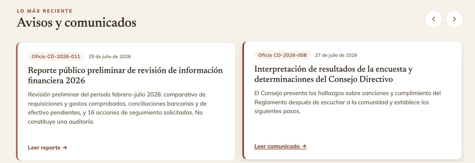 Sección de avisos y comunicados del portal
